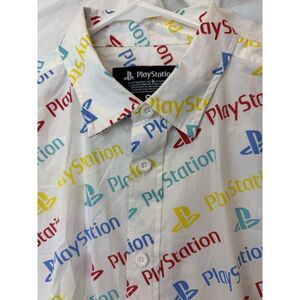 PlayStation PS Logo Sony Button Up Front Cotton Short Sleeve White Shirt ‎ Small